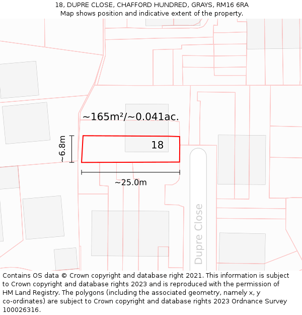 18, DUPRE CLOSE, CHAFFORD HUNDRED, GRAYS, RM16 6RA: Plot and title map