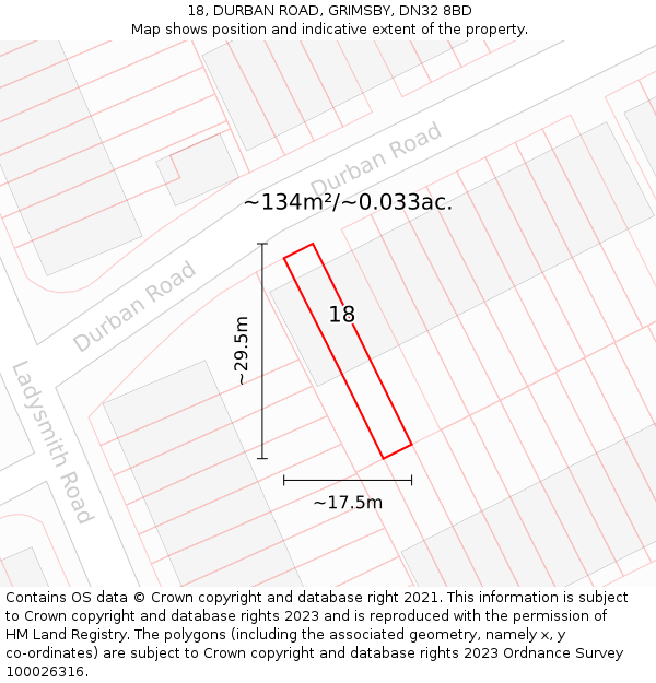 18, DURBAN ROAD, GRIMSBY, DN32 8BD: Plot and title map