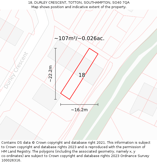 18, DURLEY CRESCENT, TOTTON, SOUTHAMPTON, SO40 7QA: Plot and title map