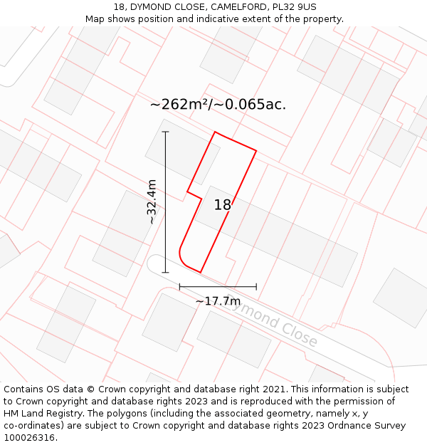 18, DYMOND CLOSE, CAMELFORD, PL32 9US: Plot and title map
