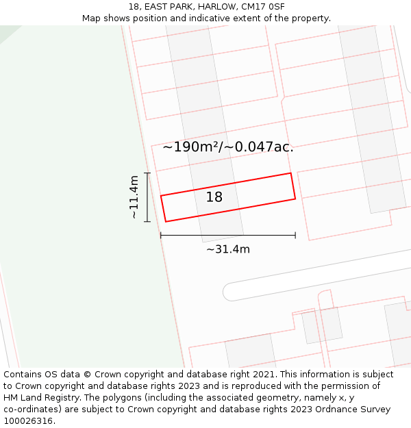18, EAST PARK, HARLOW, CM17 0SF: Plot and title map