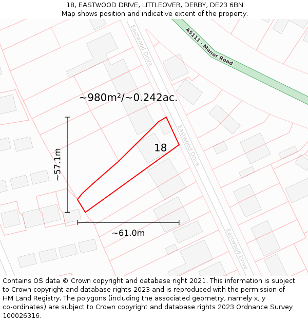 18, EASTWOOD DRIVE, LITTLEOVER, DERBY, DE23 6BN: Plot and title map