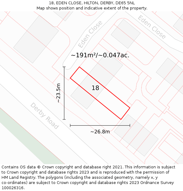 18, EDEN CLOSE, HILTON, DERBY, DE65 5NL: Plot and title map