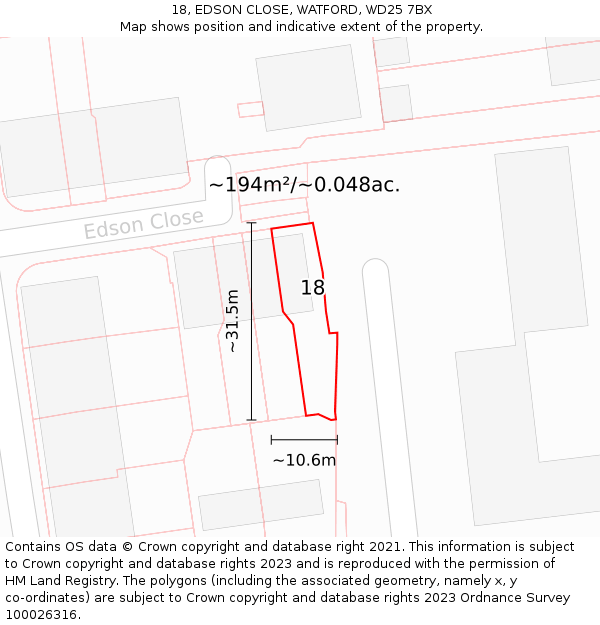 18, EDSON CLOSE, WATFORD, WD25 7BX: Plot and title map