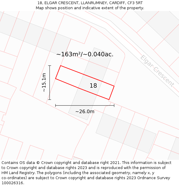 18, ELGAR CRESCENT, LLANRUMNEY, CARDIFF, CF3 5RT: Plot and title map