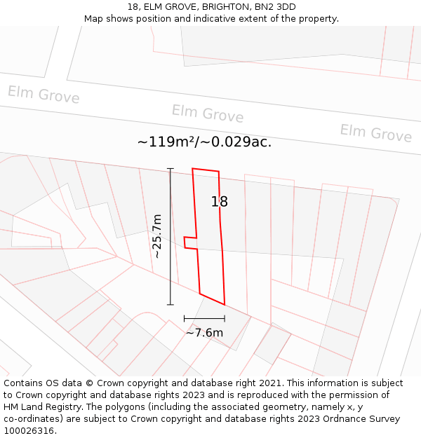 18, ELM GROVE, BRIGHTON, BN2 3DD: Plot and title map