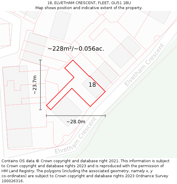 18, ELVETHAM CRESCENT, FLEET, GU51 1BU: Plot and title map