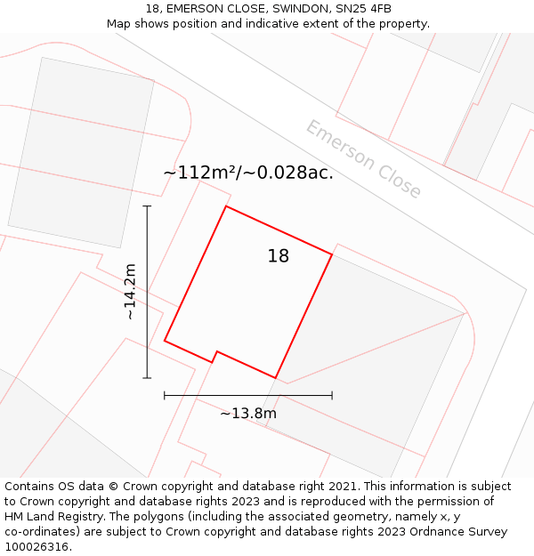18, EMERSON CLOSE, SWINDON, SN25 4FB: Plot and title map