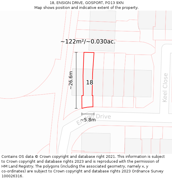 18, ENSIGN DRIVE, GOSPORT, PO13 9XN: Plot and title map