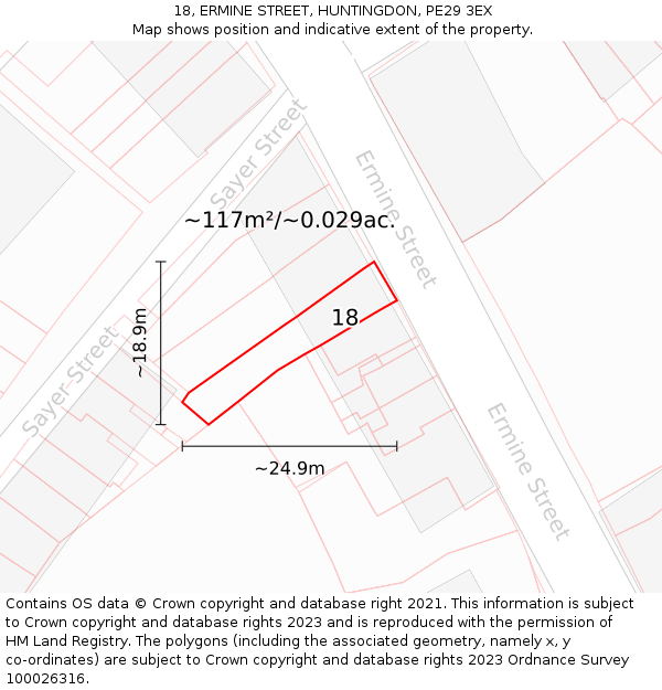18, ERMINE STREET, HUNTINGDON, PE29 3EX: Plot and title map