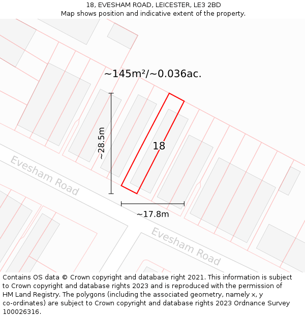 18, EVESHAM ROAD, LEICESTER, LE3 2BD: Plot and title map