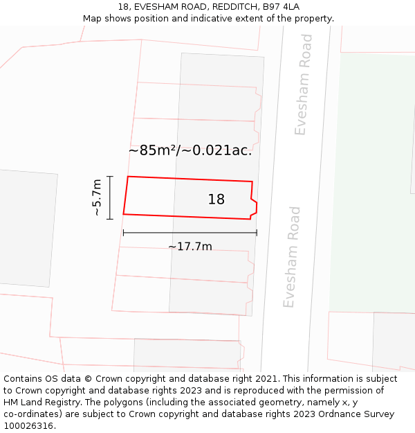 18, EVESHAM ROAD, REDDITCH, B97 4LA: Plot and title map
