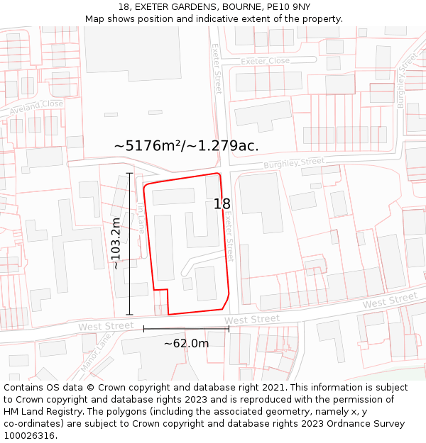 18, EXETER GARDENS, BOURNE, PE10 9NY: Plot and title map