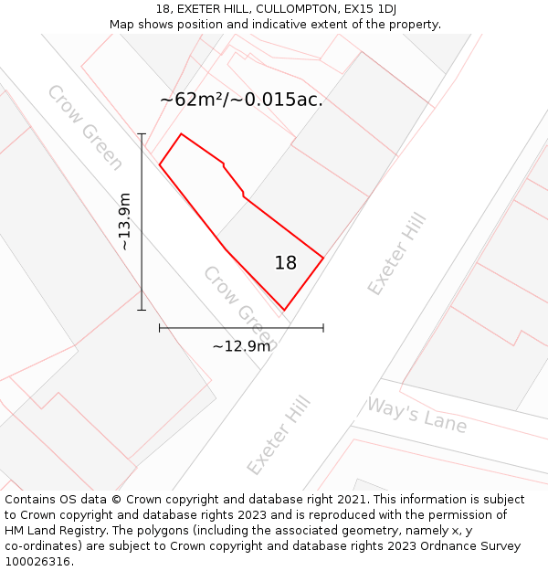 18, EXETER HILL, CULLOMPTON, EX15 1DJ: Plot and title map