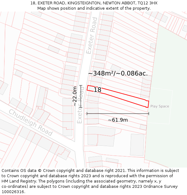 18, EXETER ROAD, KINGSTEIGNTON, NEWTON ABBOT, TQ12 3HX: Plot and title map