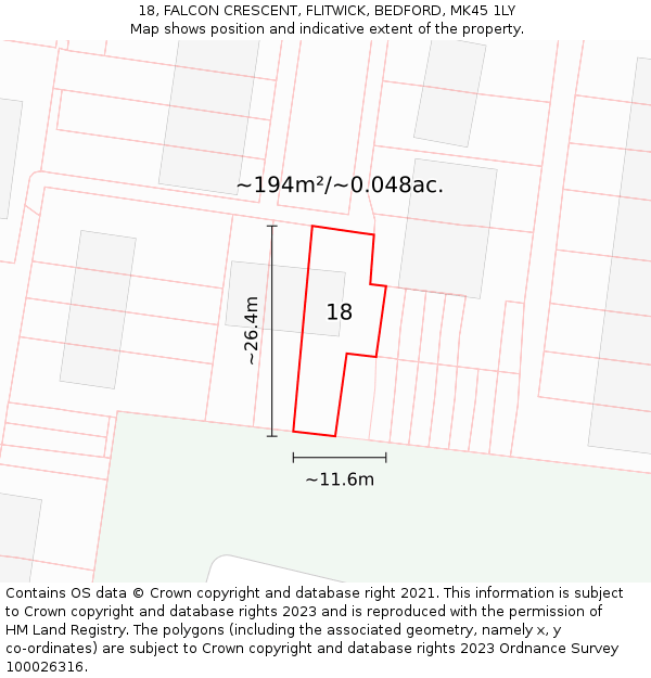 18, FALCON CRESCENT, FLITWICK, BEDFORD, MK45 1LY: Plot and title map
