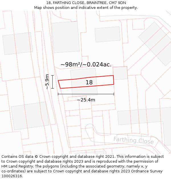 18, FARTHING CLOSE, BRAINTREE, CM7 9DN: Plot and title map