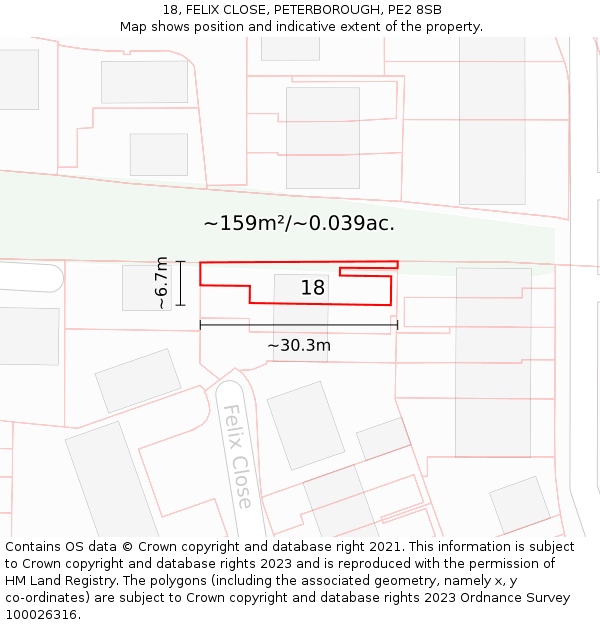 18, FELIX CLOSE, PETERBOROUGH, PE2 8SB: Plot and title map