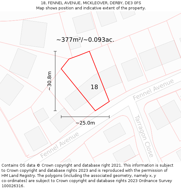 18, FENNEL AVENUE, MICKLEOVER, DERBY, DE3 0FS: Plot and title map