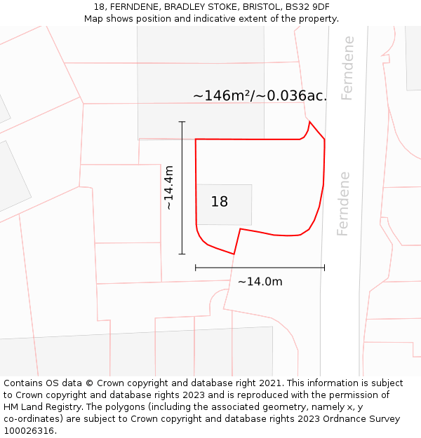 18, FERNDENE, BRADLEY STOKE, BRISTOL, BS32 9DF: Plot and title map