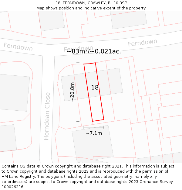 18, FERNDOWN, CRAWLEY, RH10 3SB: Plot and title map