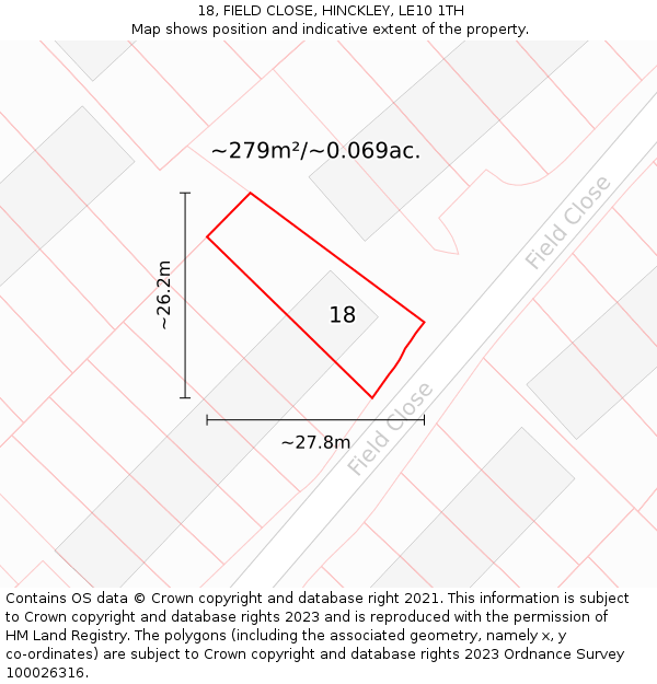 18, FIELD CLOSE, HINCKLEY, LE10 1TH: Plot and title map