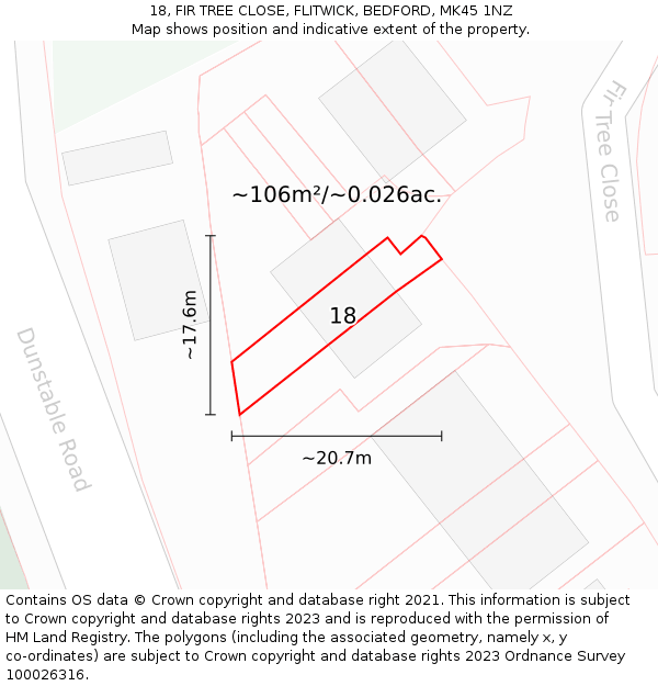 18, FIR TREE CLOSE, FLITWICK, BEDFORD, MK45 1NZ: Plot and title map