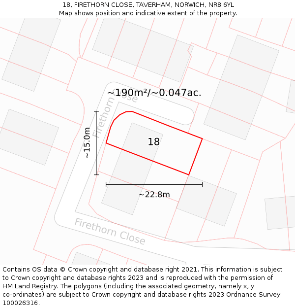 18, FIRETHORN CLOSE, TAVERHAM, NORWICH, NR8 6YL: Plot and title map