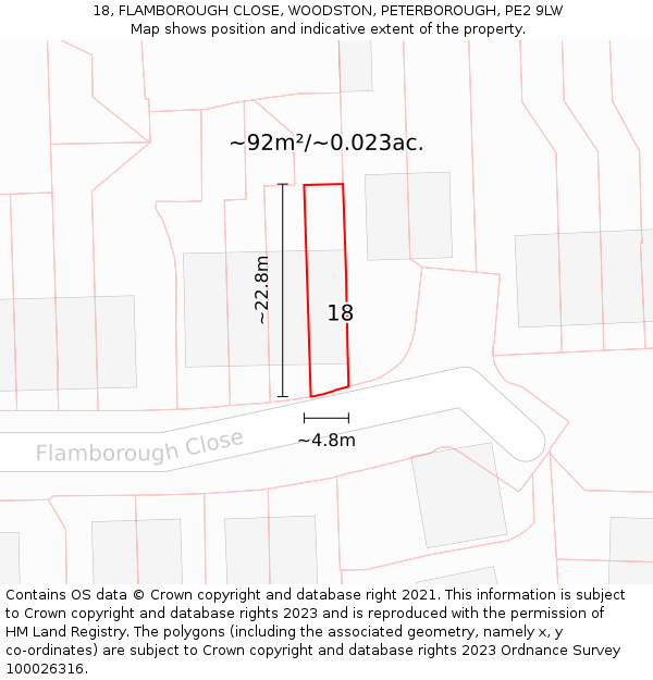18, FLAMBOROUGH CLOSE, WOODSTON, PETERBOROUGH, PE2 9LW: Plot and title map