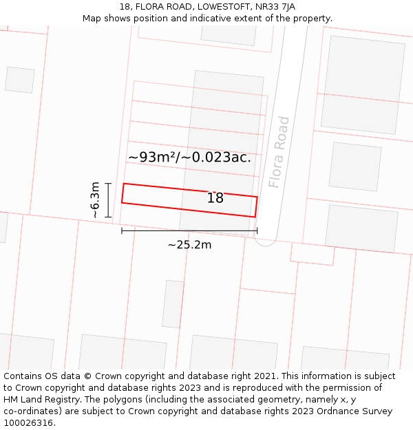 18, FLORA ROAD, LOWESTOFT, NR33 7JA: Plot and title map