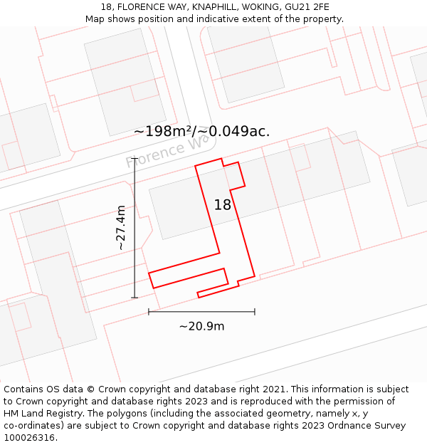 18, FLORENCE WAY, KNAPHILL, WOKING, GU21 2FE: Plot and title map