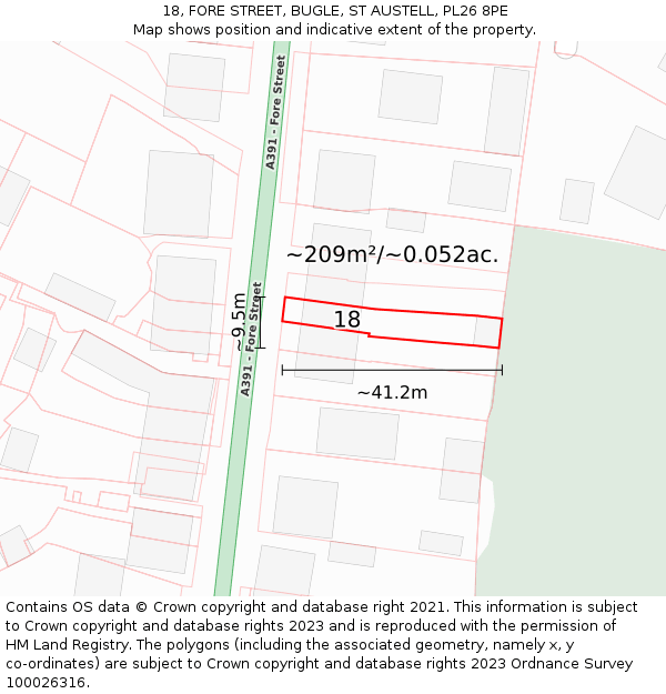 18, FORE STREET, BUGLE, ST AUSTELL, PL26 8PE: Plot and title map