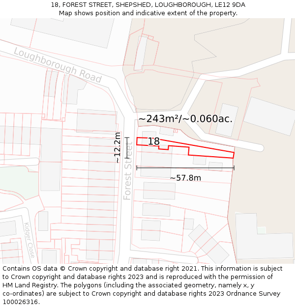 18, FOREST STREET, SHEPSHED, LOUGHBOROUGH, LE12 9DA: Plot and title map