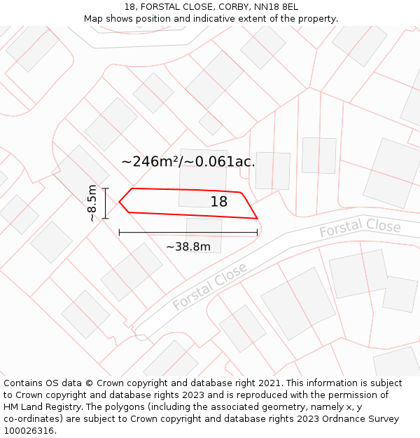 18, FORSTAL CLOSE, CORBY, NN18 8EL: Plot and title map