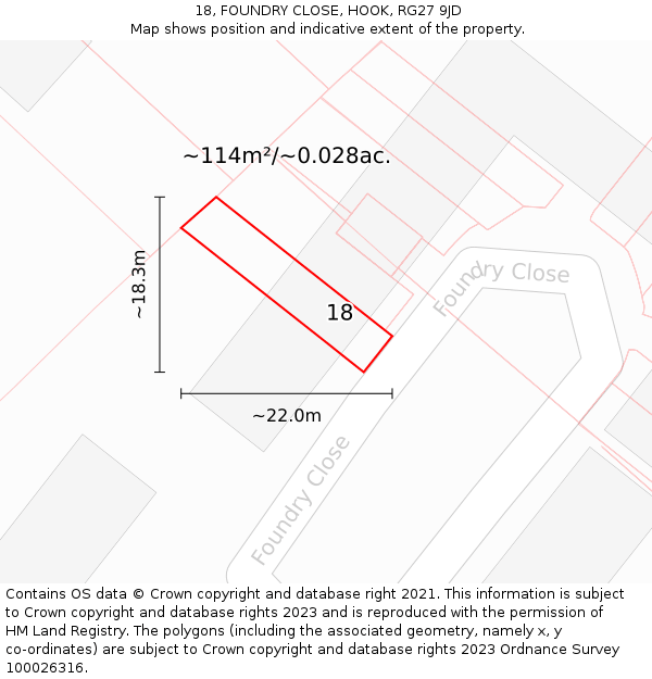 18, FOUNDRY CLOSE, HOOK, RG27 9JD: Plot and title map