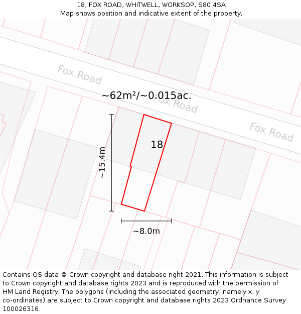 18, FOX ROAD, WHITWELL, WORKSOP, S80 4SA: Plot and title map