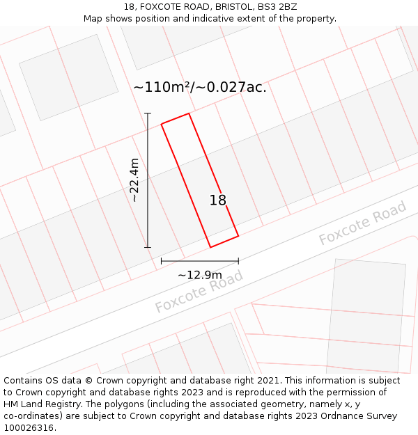 18, FOXCOTE ROAD, BRISTOL, BS3 2BZ: Plot and title map