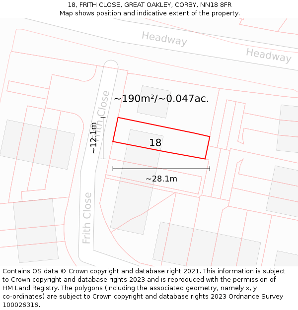 18, FRITH CLOSE, GREAT OAKLEY, CORBY, NN18 8FR: Plot and title map