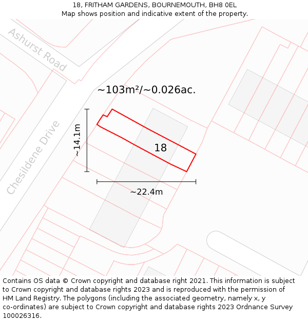 18, FRITHAM GARDENS, BOURNEMOUTH, BH8 0EL: Plot and title map