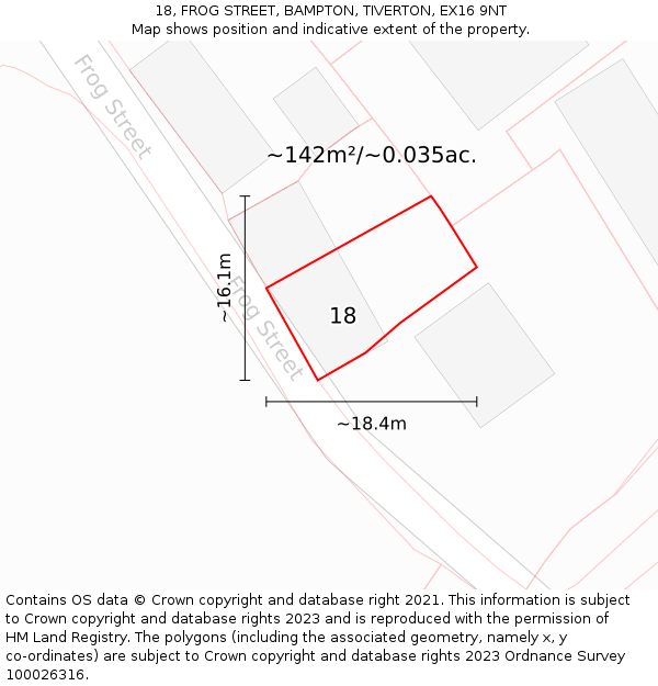 18, FROG STREET, BAMPTON, TIVERTON, EX16 9NT: Plot and title map
