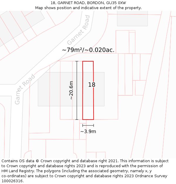 18, GARNET ROAD, BORDON, GU35 0XW: Plot and title map