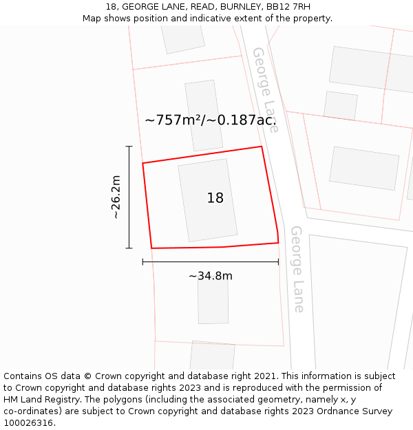 18, GEORGE LANE, READ, BURNLEY, BB12 7RH: Plot and title map