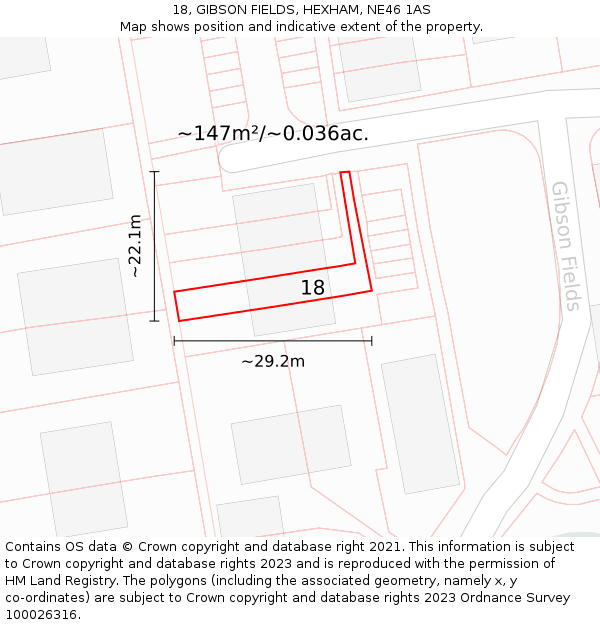 18, GIBSON FIELDS, HEXHAM, NE46 1AS: Plot and title map