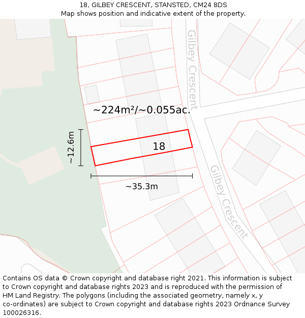 18, GILBEY CRESCENT, STANSTED, CM24 8DS: Plot and title map