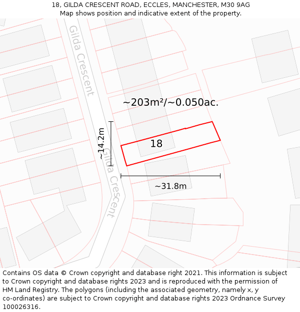 18, GILDA CRESCENT ROAD, ECCLES, MANCHESTER, M30 9AG: Plot and title map