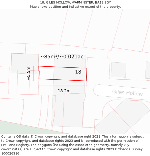 18, GILES HOLLOW, WARMINSTER, BA12 9QY: Plot and title map