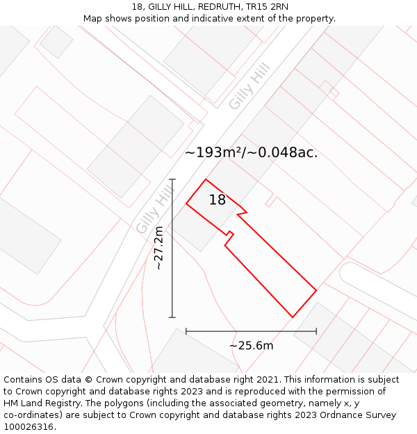 18, GILLY HILL, REDRUTH, TR15 2RN: Plot and title map