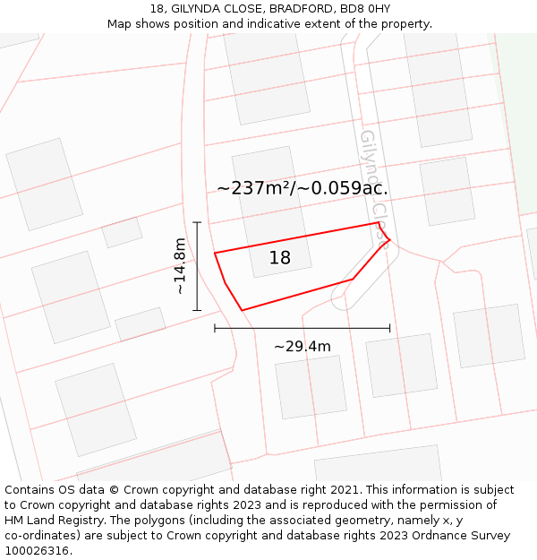18, GILYNDA CLOSE, BRADFORD, BD8 0HY: Plot and title map