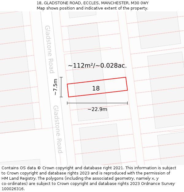 18, GLADSTONE ROAD, ECCLES, MANCHESTER, M30 0WY: Plot and title map