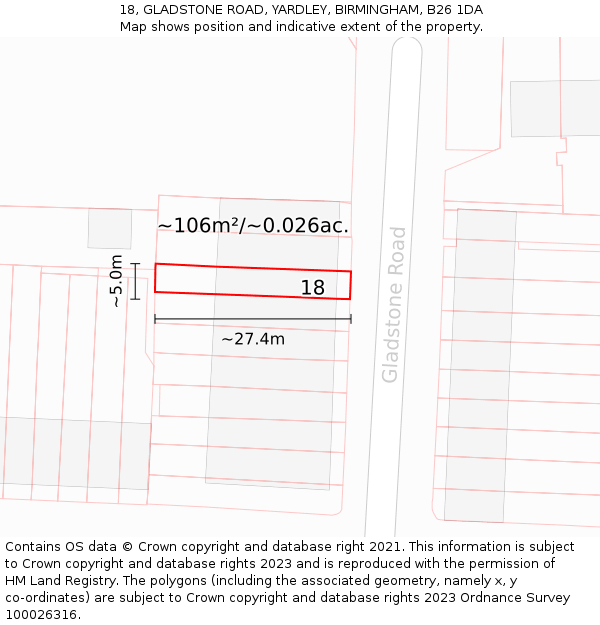 18, GLADSTONE ROAD, YARDLEY, BIRMINGHAM, B26 1DA: Plot and title map
